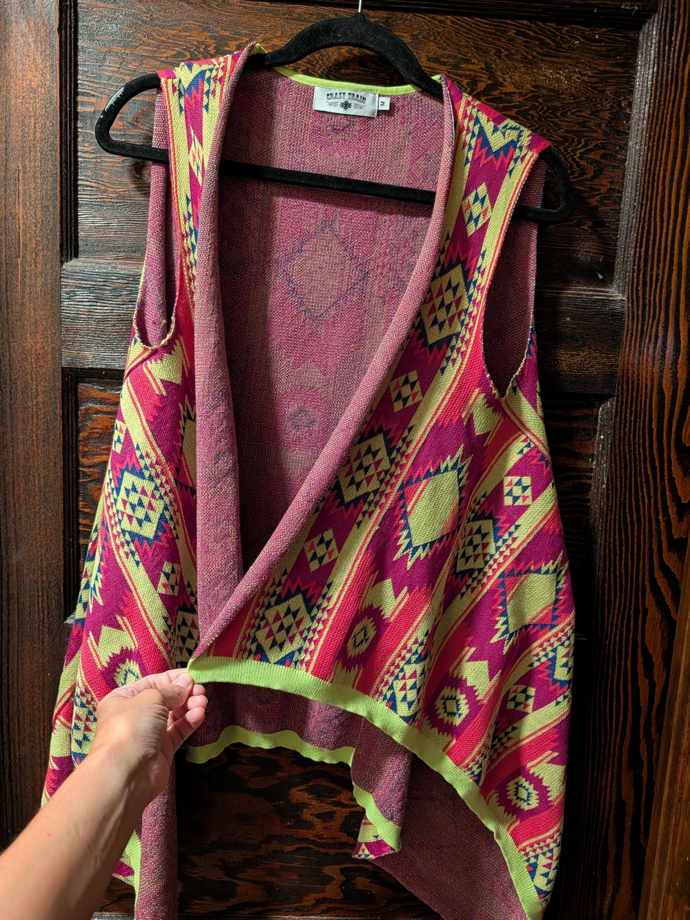 Crazy Train Pink Aztec Open-Front Knit Vest with Lime Accents